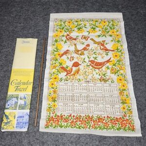 Vintage 1981 Stevens Linens Calendar Tea Towel Floral Birds Butterfly County